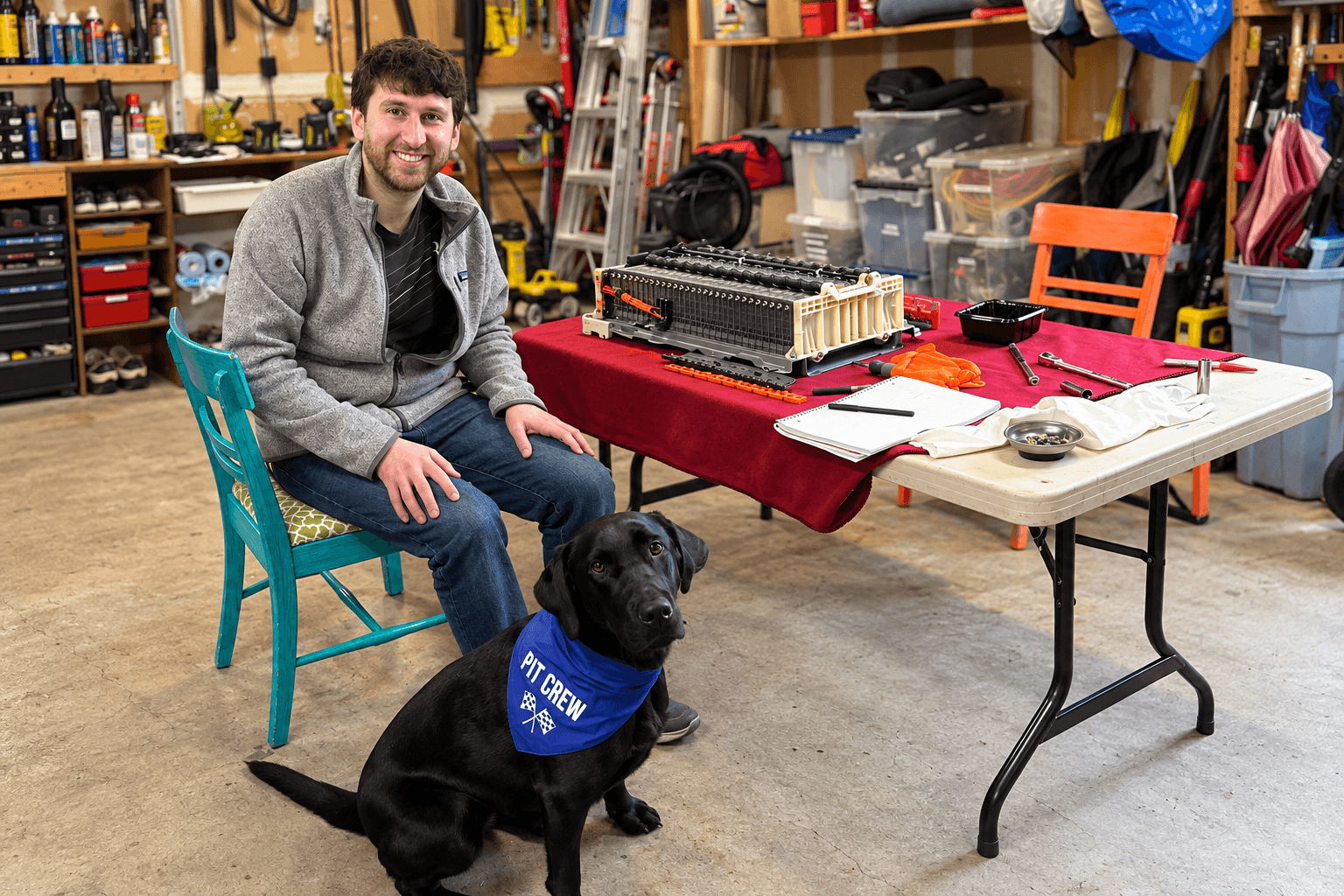 Ben and Luca beside a disassembled Prius battery in the workshop